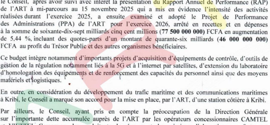 The Board of Directors of the Telecommunications Regulatory Board (TRB) convenes on 9 and 10 December 2025 in the conference hall of the Lagon Resort hotel in Kribi. Under the