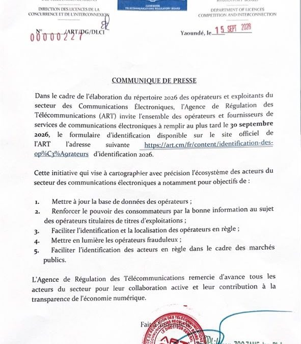 🔴 𝐔𝐑𝐆𝐄𝐍𝐓 ‼️  𝐂𝐎𝐌𝐌𝐔𝐍𝐈𝐐𝐔𝐄 𝐃𝐄 𝐏𝐑𝐄𝐒𝐒𝐄 www.art.cm #regulation #telecom